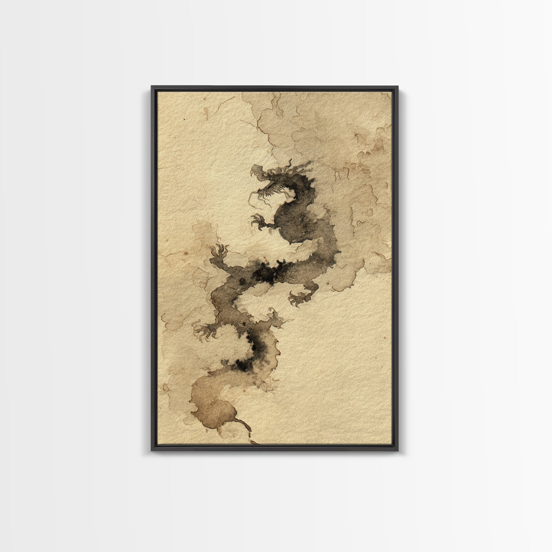 Ink Wash Dragon Curve Framed Canvas Print, Calligraphy Art, Painting, Living Room Decor, Fine Art, Script, Japanese Art, CAL-2x3-17