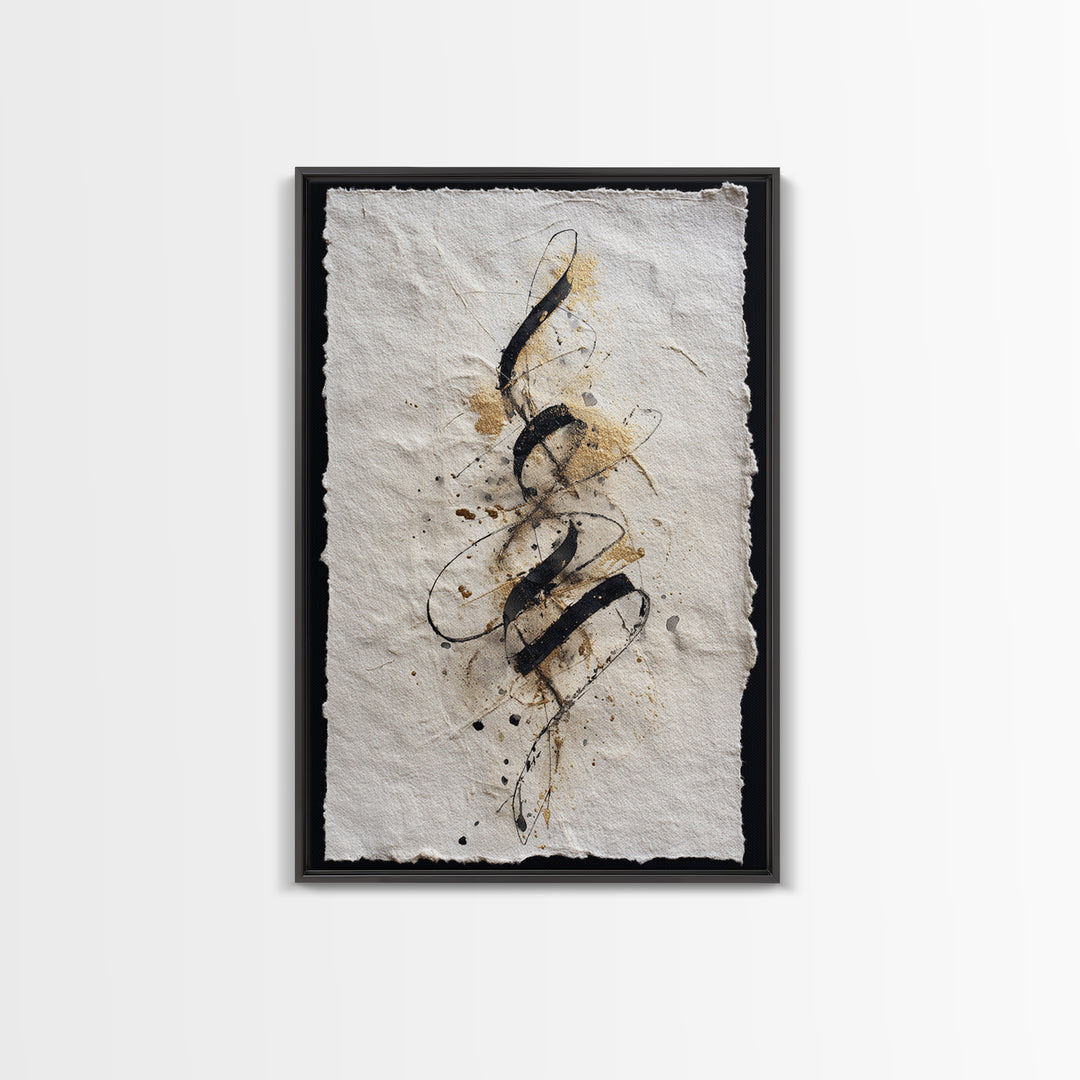 Gold Leaf Calligraphic Spiral on Plaster Surface Canvas Print, Calligraphy Art, Textured Painting, Living Room Decor, Script, CAL-2x3-22