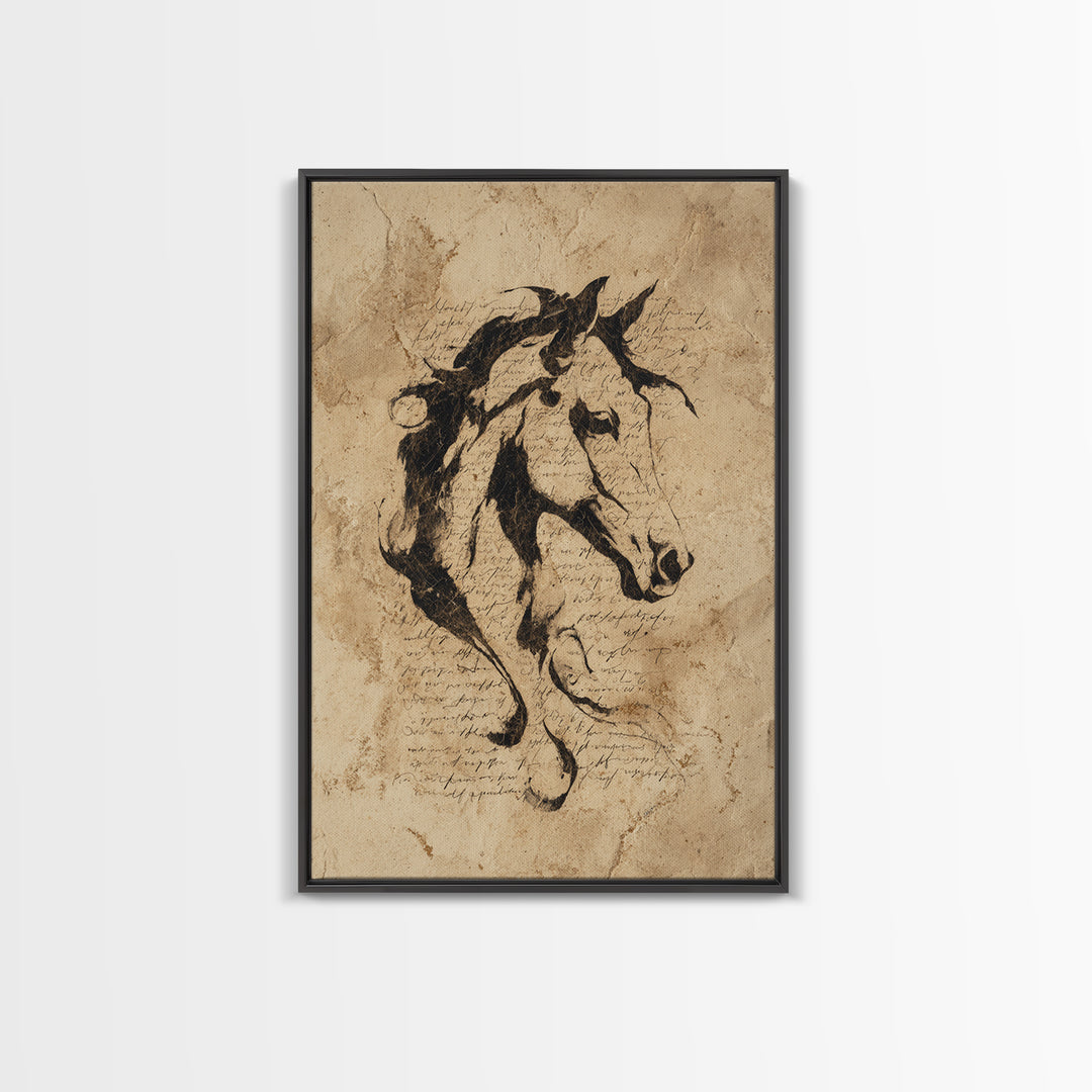 Calligraphic Horse Silhouette Made from One Line Framed Canvas Print, Calligraphy Art, Wall Art, Living Room Decor, Script, CAL-2x3-25