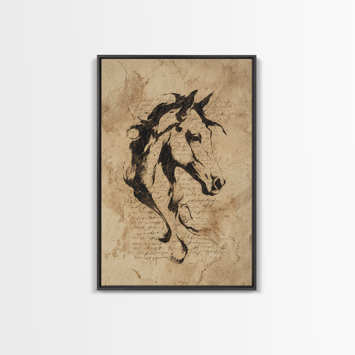 Calligraphic Horse Silhouette Made from One Line Framed Canvas Print, Calligraphy Art, Wall Art, Living Room Decor, Script, CAL-2x3-25
