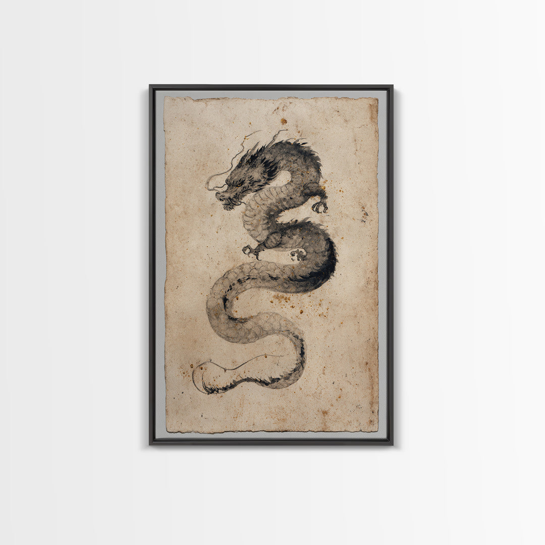 Ink Wash Dragon Curve Framed Canvas Print, Calligraphy Art, Painting, Living Room Decor, Fine Art, Script, Japanese Art, CAL-2x3-41