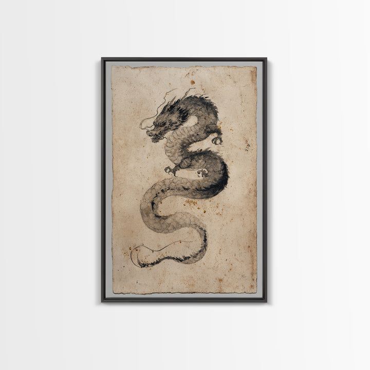 Ink Wash Dragon Curve Framed Canvas Print, Calligraphy Art, Painting, Living Room Decor, Fine Art, Script, Japanese Art, CAL-2x3-41