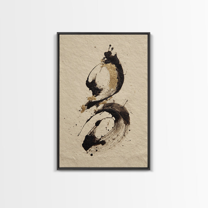 Ink Splatter and Long Brushstroke Composition Framed Canvas Print, Calligraphy Art, Boho Decor, Living Room Decor, Script, CAL-2x3-48