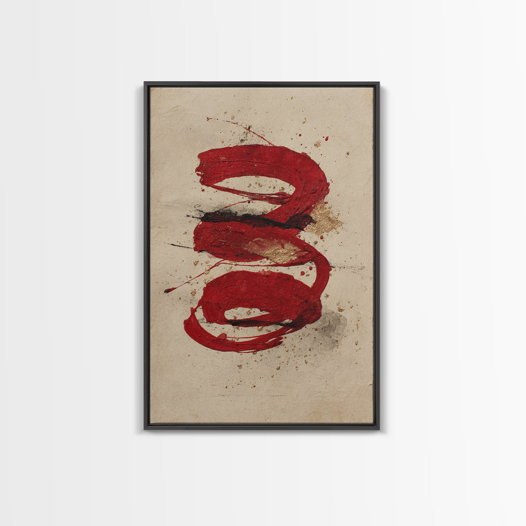 Bold Red Brushstroke Seal Abstraction Framed Canvas Print, Calligraphy Art, Print, Living Room Decor, Fine Art, Script, CAL-2x3-75
