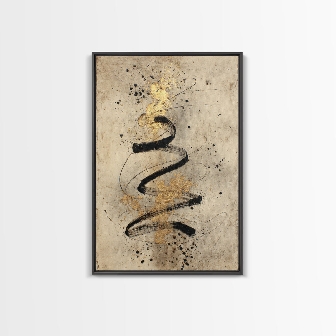 Gold Leaf Calligraphic Spiral on Plaster Surface Canvas Print, Calligraphy Art, Printable, Living Room Decor, Script, CAL-2x3-94