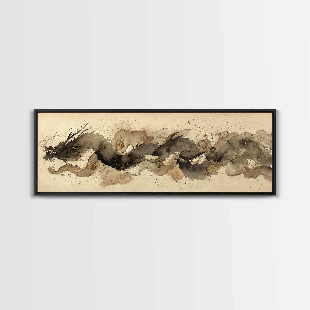 Ink Wash Dragon Curve Framed Canvas Print, Calligraphy Art, Wall Art Print, Living Room Decor, Fine Art, Script, Japanese Decor, CAL-3x1-1