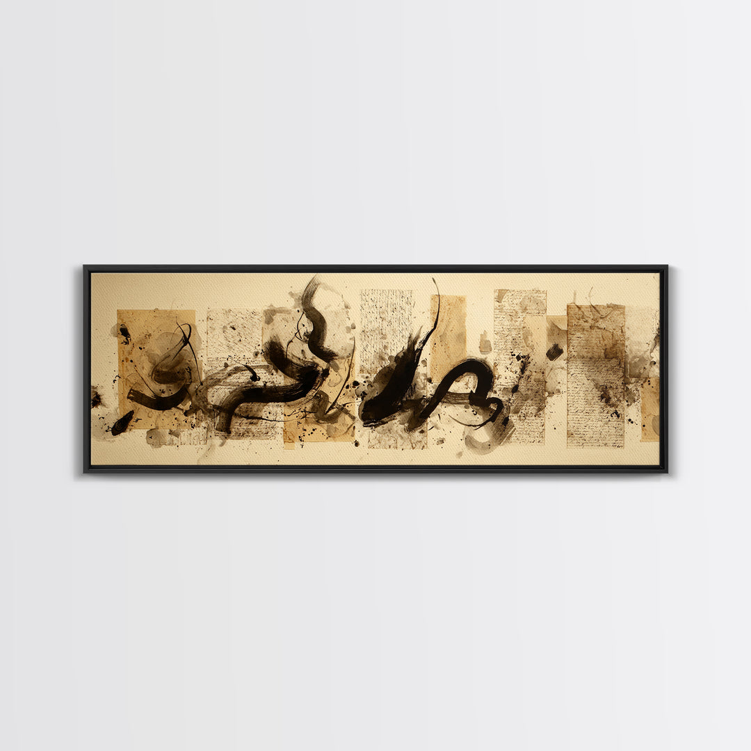 Large Sweeping Black Ink Gesture Like a Framed Canvas Print, Calligraphy Art, Living Room Wall Art, Living Room Decor, Script, CAL-3x1-17