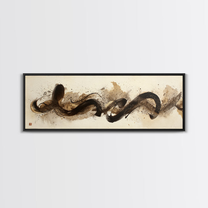Abstract Gold Calligraphic Strokes on Ivory Paper Canvas Print, Calligraphy Art, Printable Wall Art, Living Room Decor, Script, CAL-3x1-18