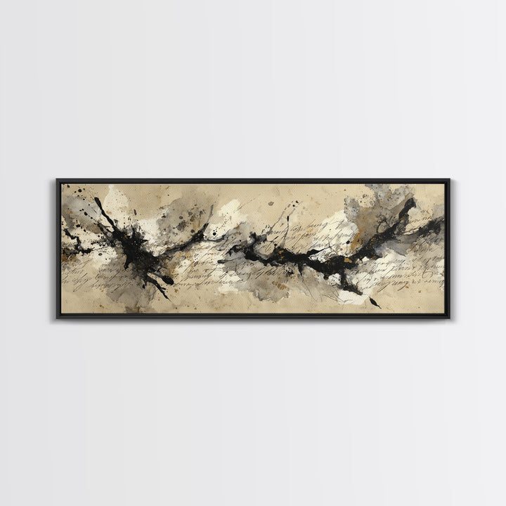 Ink Splatter and Long Brushstroke Composition Framed Canvas Print, Calligraphy Art, Quote Wall Art, Living Room Decor, Script, CAL-3x1-32