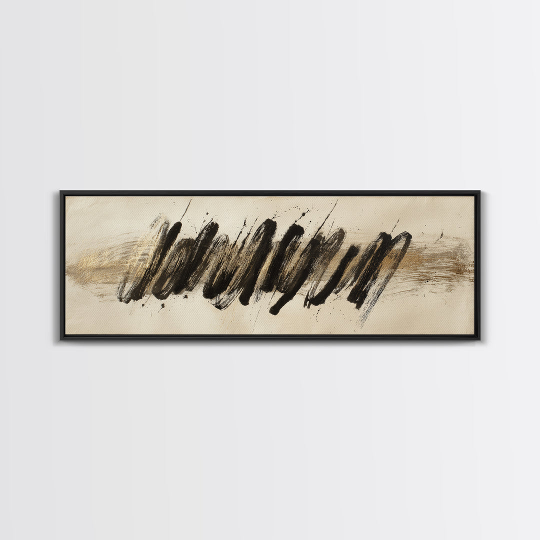 Abstract Gold Calligraphic Strokes on Ivory Paper Canvas Print, Calligraphy Art, Unique Wall Art, Living Room Decor, Script, CAL-3x1-42