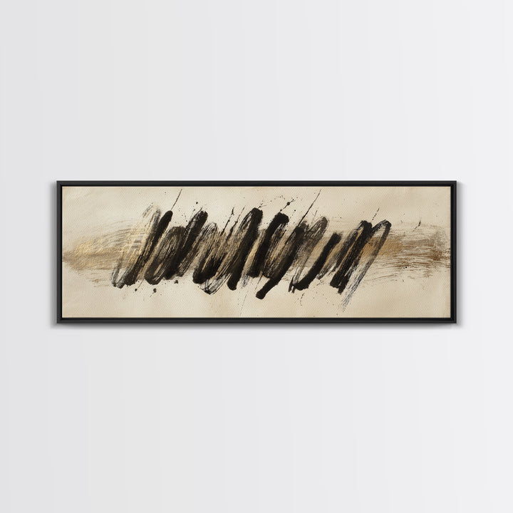 Abstract Gold Calligraphic Strokes on Ivory Paper Canvas Print, Calligraphy Art, Unique Wall Art, Living Room Decor, Script, CAL-3x1-42