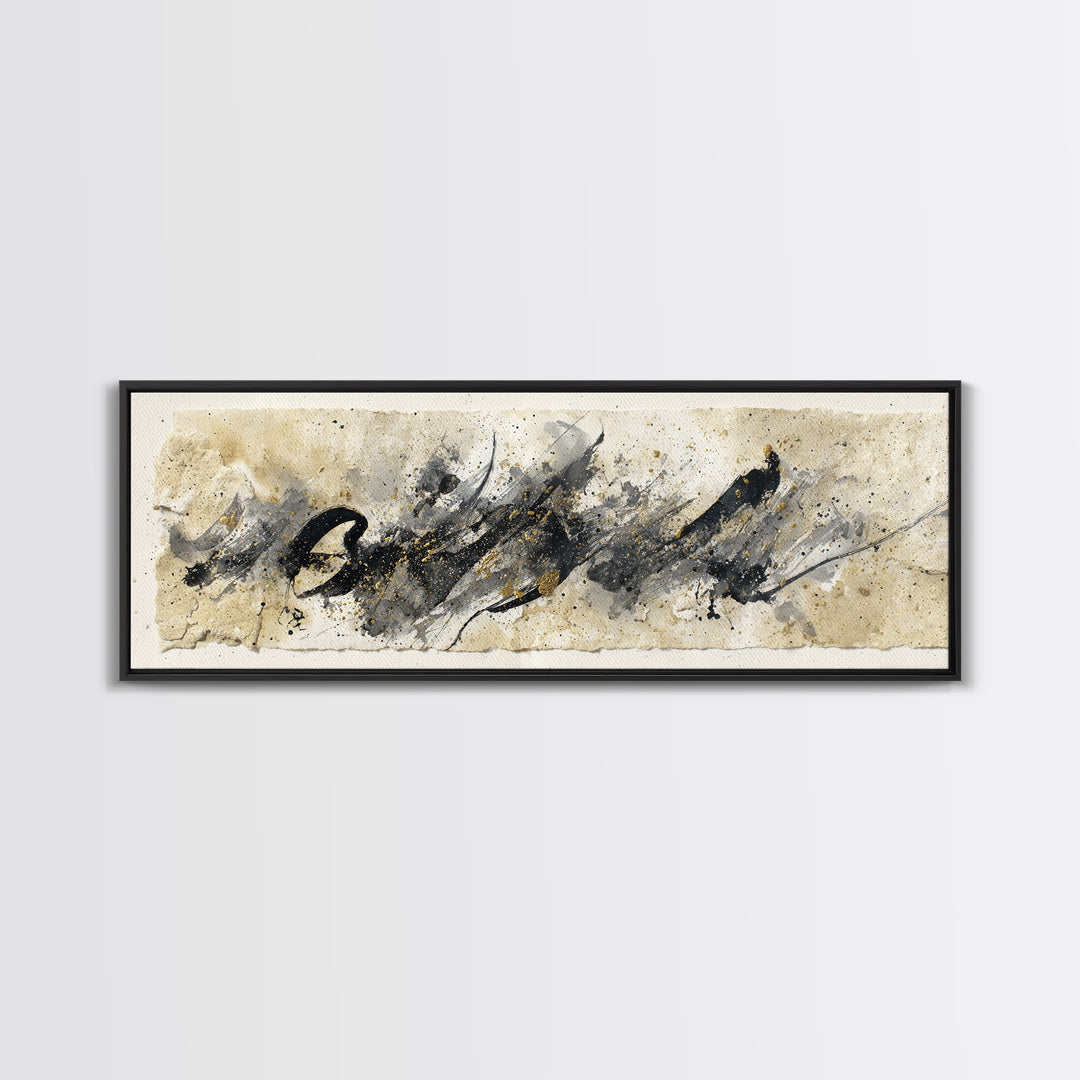 Monochrome Brush Alphabet Fragments as Abstract Texture Canvas Print, Calligraphy Art, Living Room Decor, Script, CAL-3x1-5