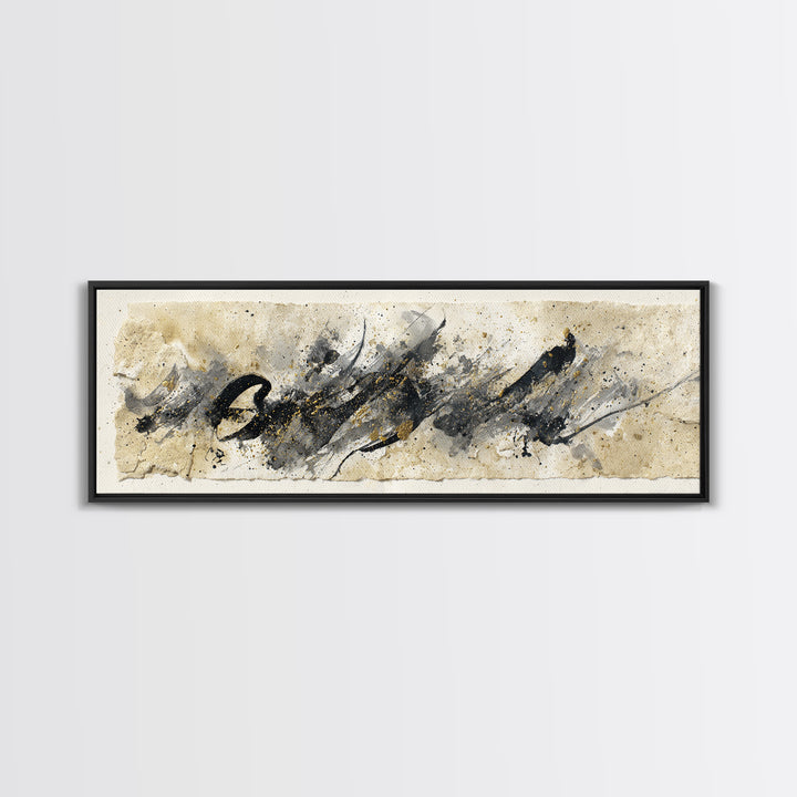 Monochrome Brush Alphabet Fragments as Abstract Texture Canvas Print, Calligraphy Art, Living Room Decor, Script, CAL-3x1-5