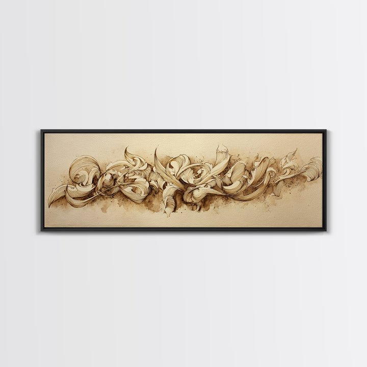 Baroque Scrollwork Made from Looping Pen Strokes Framed Canvas Print, Calligraphy Art, Room Decor, Living Room Decor, Script, CAL-3x1-52