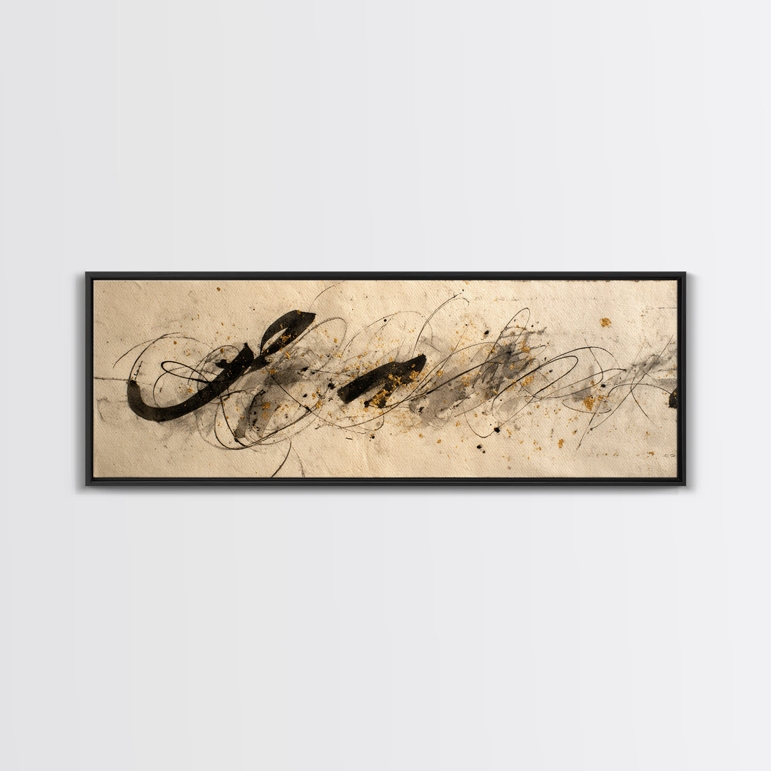 Monochrome Brush Alphabet Fragments as Abstract Texture Canvas Print, Calligraphy Art, Watercolor Art, Living Room Decor, CAL-3x1-53