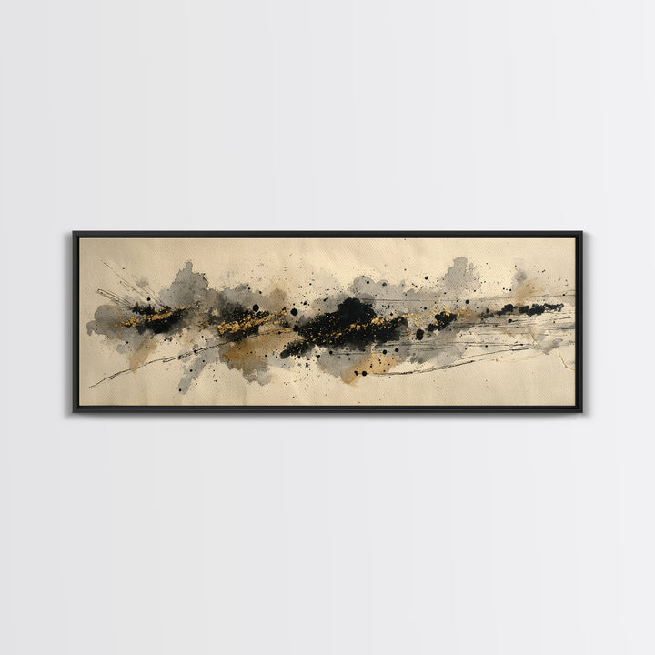 Ink Splatter and Long Brushstroke Composition Canvas Print, Calligraphy Art, Textured Painting, Living Room Decor, Script, CAL-3x1-56