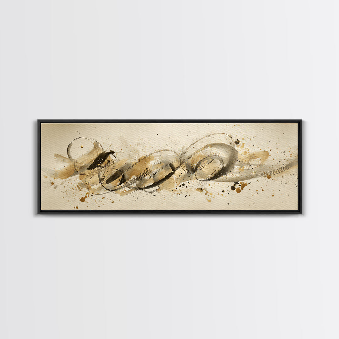 Abstract Gold Calligraphic Strokes on Ivory Paper Canvas Print, Calligraphy Art, Unique Wall Art, Living Room Decor, Script, CAL-3x1-66