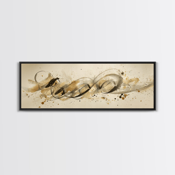 Abstract Gold Calligraphic Strokes on Ivory Paper Canvas Print, Calligraphy Art, Unique Wall Art, Living Room Decor, Script, CAL-3x1-66