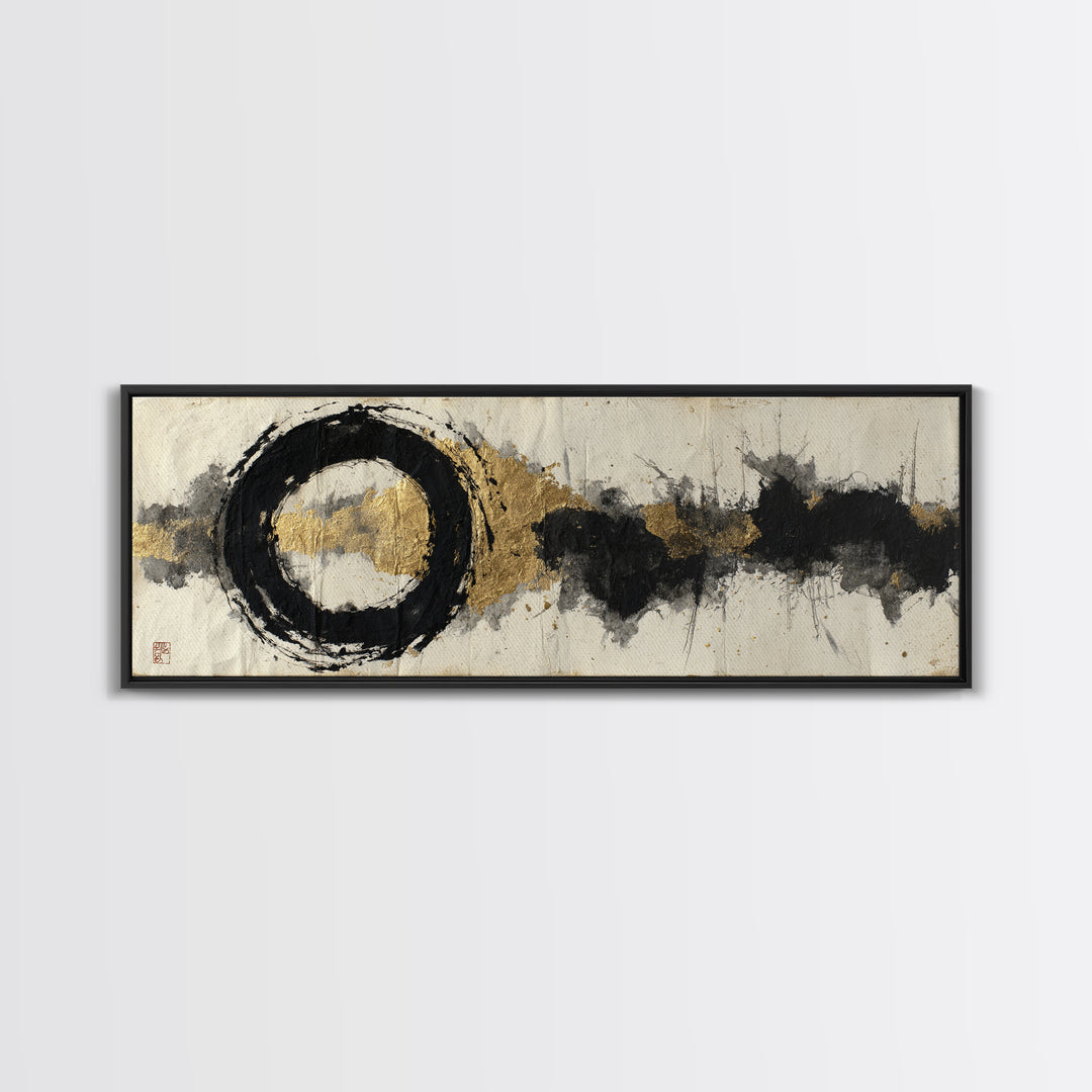 Japanese Brush Mark Circle Framed Canvas Print, Calligraphy Art, Contemporary Art, Living Room Decor, Fine Art, Script, CAL-3x1-68