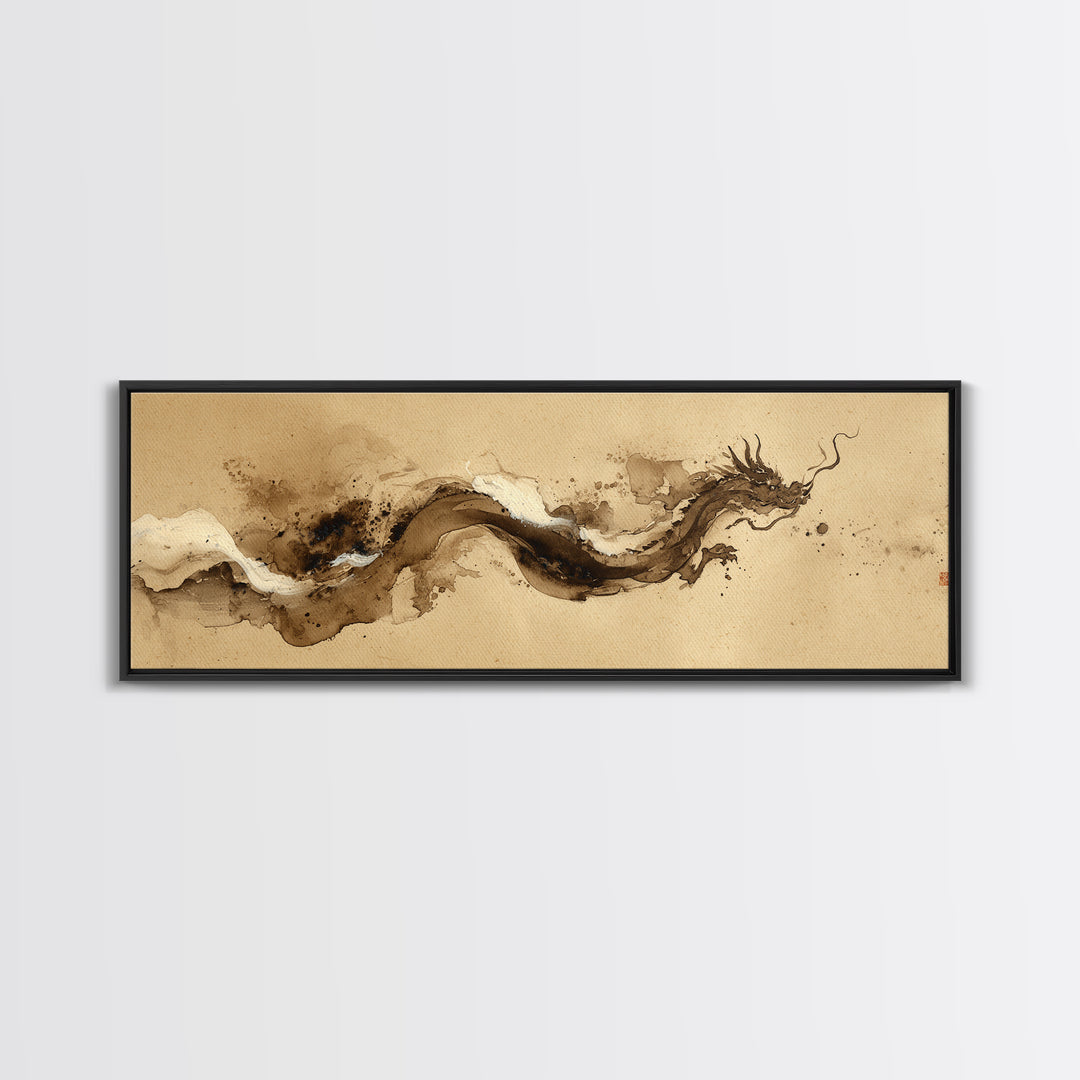 Ink Wash Dragon Curve Framed Canvas Print, Calligraphy Art, Digital Download Art, Living Room Decor, Fine Art, Script, CAL-3x1-73