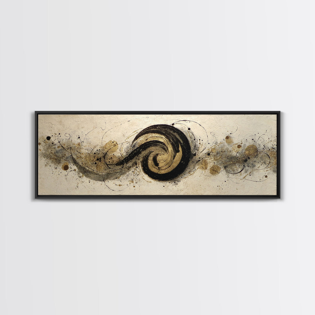 Gold Leaf Calligraphic Spiral on Plaster Surface Canvas Print, Calligraphy Art, Art, Living Room Decor, Oil Painting, Script, CAL-3x1-78