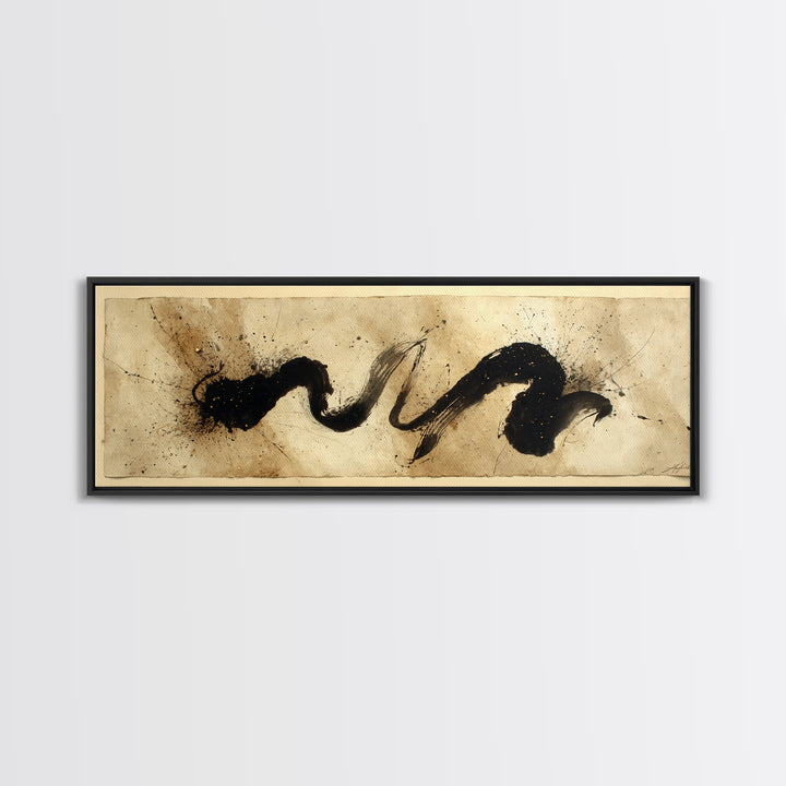 Large Sweeping Black Ink Gesture Like a Framed Canvas Print, Calligraphy Art, Quote Wall Art, Living Room Decor, Script, CAL-3x1-89