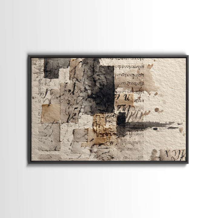 Monochrome Brush Alphabet Fragments as Abstract Texture Canvas Print, Calligraphy Art, Japanese Art, Living Room Decor, Script, CAL-3x2-17