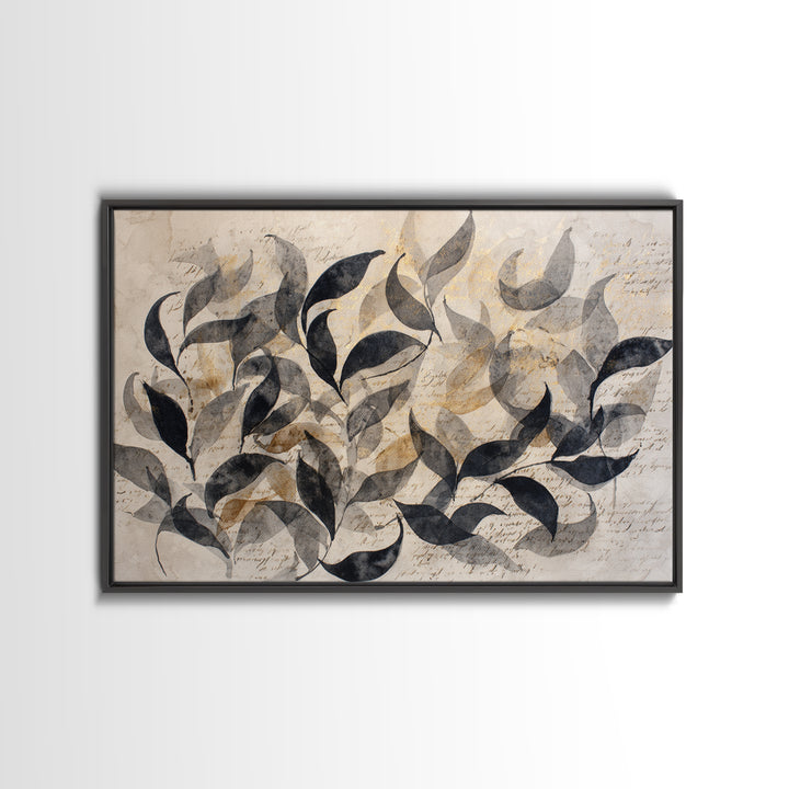Botanical Calligraphy Pattern Framed Canvas Print, Calligraphy Art, Painting, Living Room Decor, Watercolor Art, Script, CAL-3x2-2