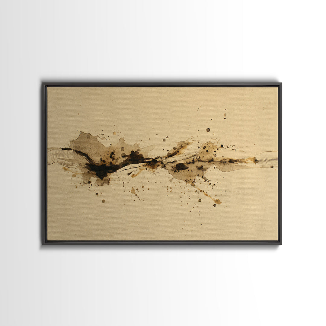 Ink Splatter and Long Brushstroke Composition Framed Canvas Print, Calligraphy Art, Unique Wall Art, Living Room Decor, Script, CAL-3x2-20