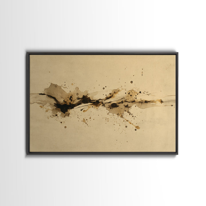 Ink Splatter and Long Brushstroke Composition Framed Canvas Print, Calligraphy Art, Unique Wall Art, Living Room Decor, Script, CAL-3x2-20