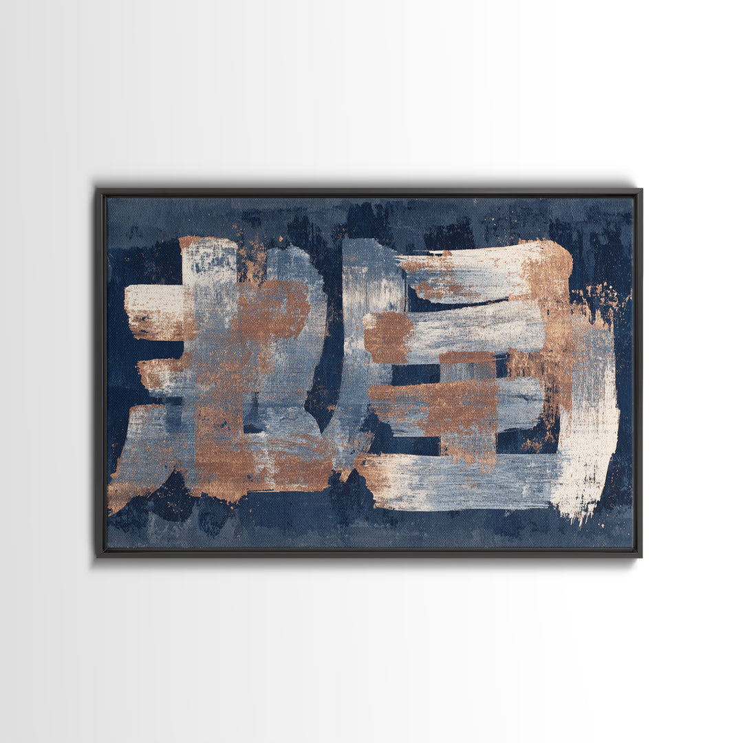 Layered Copper Ink Strokes on Dark Navy Canvas Print, Calligraphy Art, Living Room Wall Art, Living Room Decor, Script, CAL-3x2-34