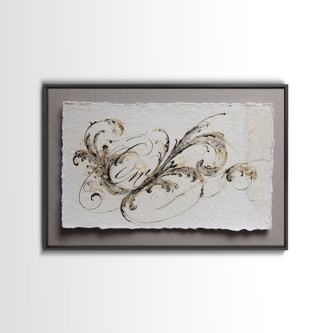 Baroque Scrollwork Made from Looping Pen Strokes Framed Canvas Print, Calligraphy Art, Custom Art, Living Room Decor, Script, CAL-3x2-40