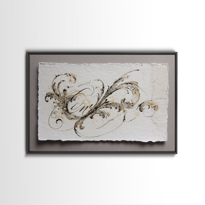 Baroque Scrollwork Made from Looping Pen Strokes Framed Canvas Print, Calligraphy Art, Custom Art, Living Room Decor, Script, CAL-3x2-40