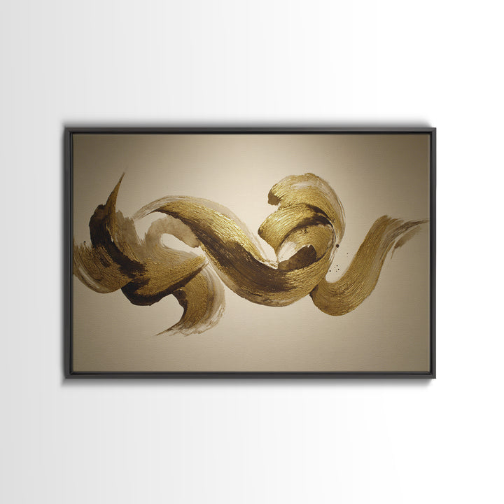 Abstract Gold Calligraphic Strokes on Ivory Paper Canvas Print, Calligraphy Art, Digital Print, Living Room Decor, Script, CAL-3x2-6