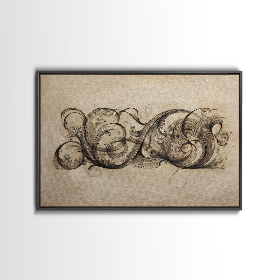 Baroque Scrollwork Made from Looping Pen Strokes Canvas Print, Calligraphy Art, Gallery Decor, Living Room Decor, Script, CAL-3x2-64