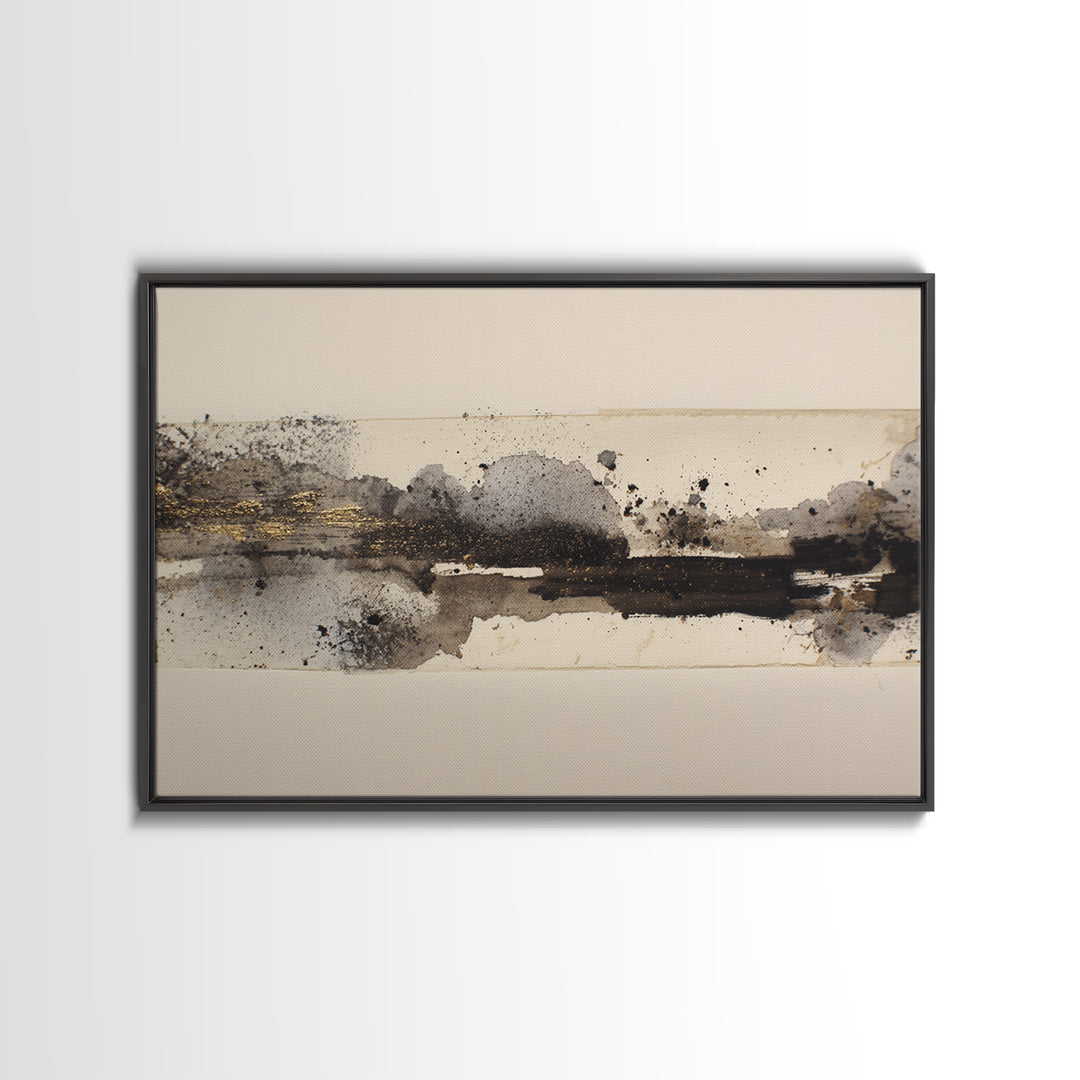 Ink Splatter and Long Brushstroke Composition Canvas Print, Calligraphy Art, Neutral Decor, Living Room Decor, Fine Art, Script, CAL-3x2-68