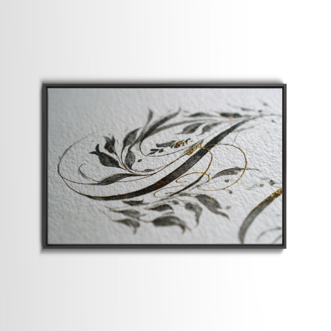 Botanical Calligraphy Pattern Framed Canvas Print, Calligraphy Art, Modern Wall Art, Living Room Decor, Fine Art, Script, CAL-3x2-74