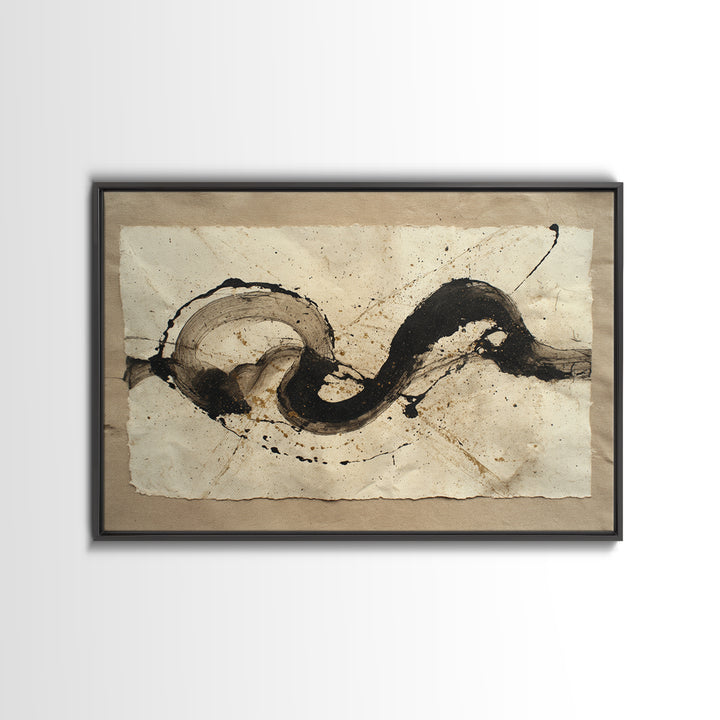 Large Sweeping Black Ink Gesture Like a Framed Canvas Print, Calligraphy Art, Gallery Decor, Living Room Decor, Script, CAL-3x2-77