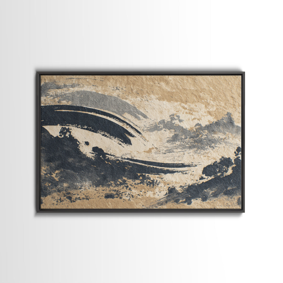 Layered Copper Ink Strokes on Dark Navy Framed Canvas Print, Calligraphy Art, Wall Art Printable, Living Room Decor, Script, CAL-3x2-82