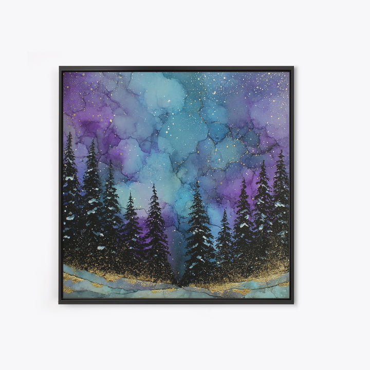 Aurora Borealis over Snowy Pines Framed Canvas Print, Celestial Art, Art Nouveau Decor, Living Room Decor, Fine Art, Celestial, CEL-1x1-41