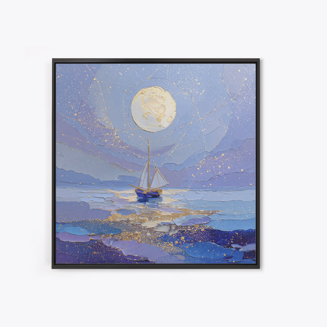Tiny Sailboat Beneath a Huge Moon Framed Canvas Print, Celestial Art, Modern Art, Living Room Decor, Oil Painting, Celestial, CEL-1x1-43