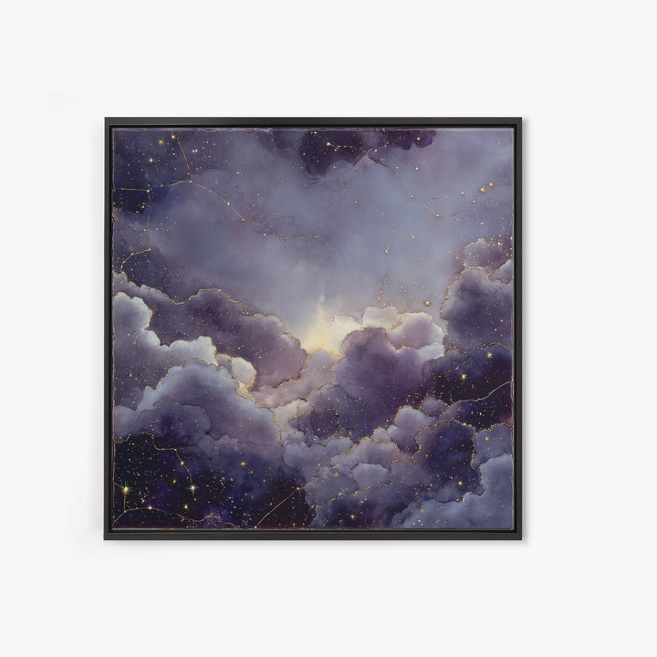 Moonlit Cloudscape with Silver Highlights Framed Canvas Print, Celestial Art, Animal Prints, Living Room Decor, Abstract Art, CEL-1x1-57