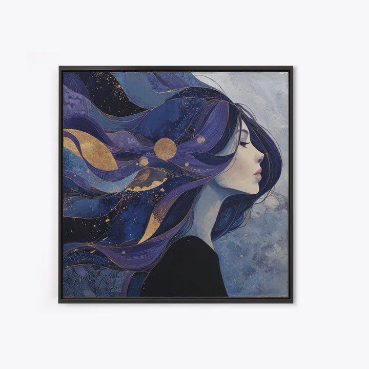 Celestial Goddess with Flowing Midnight Hair Framed Canvas Print, Celestial Art, Celestial, Living Room Decor, Celestial, CEL-1x1-7