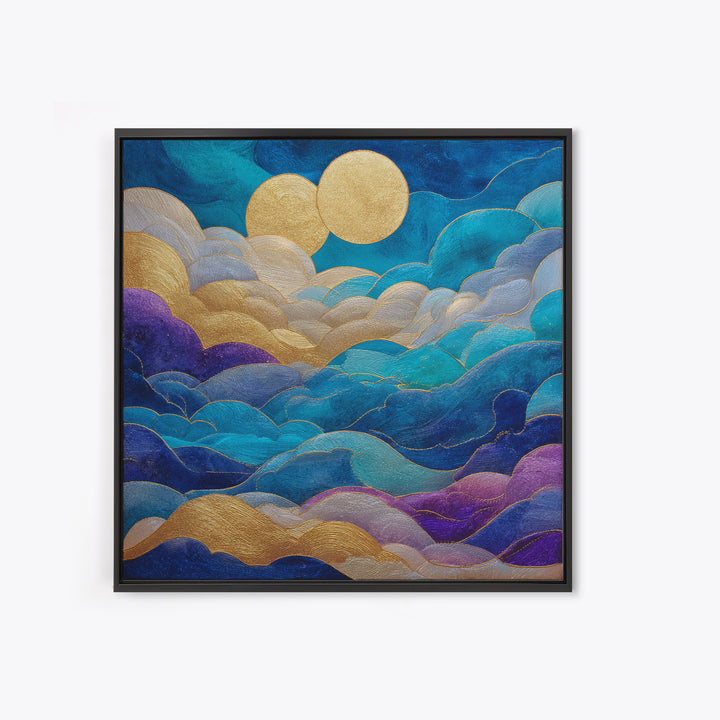 Golden Sun over Abstract Ocean Waves Framed Canvas Print, Celestial Art, Collage Art, Living Room Decor, Fine Art, Celestial, CEL-1x1-71