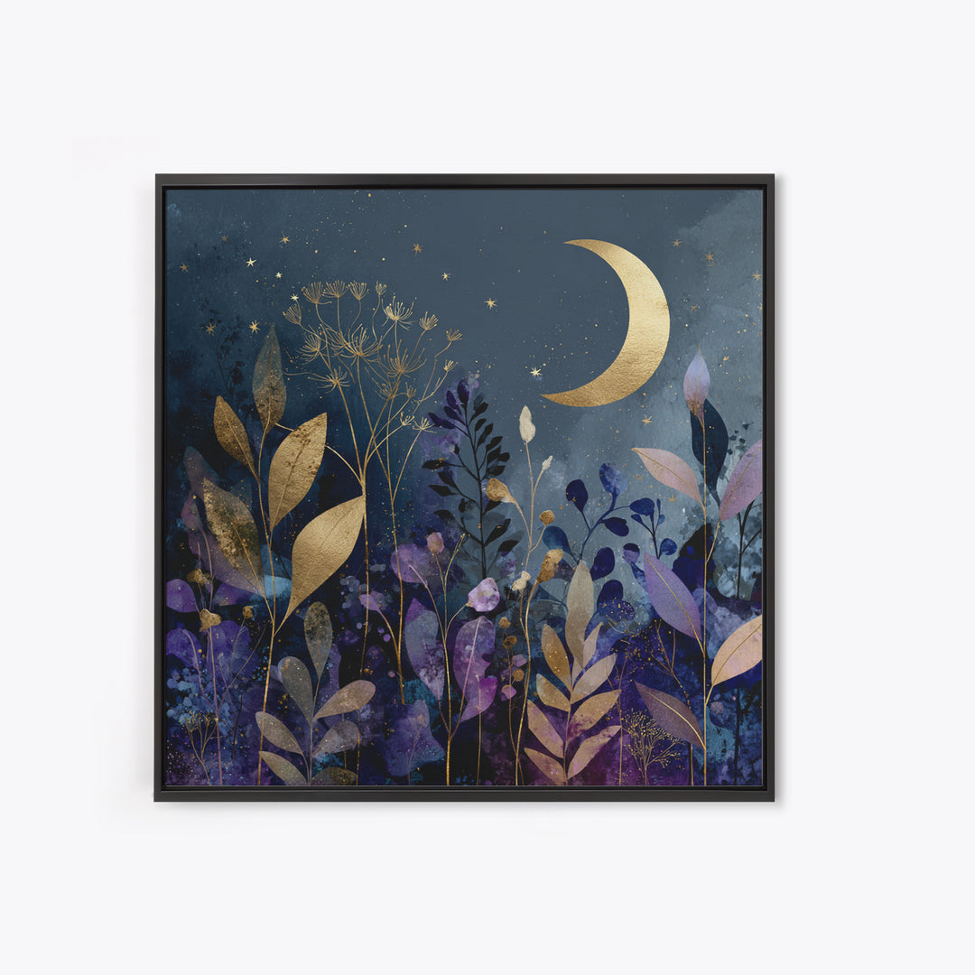 Lunar Phase Arc Above Delicate Botanicals Canvas Print, Celestial Art, Collage Art, Living Room Decor, Watercolor Art, CEL-1x1-76