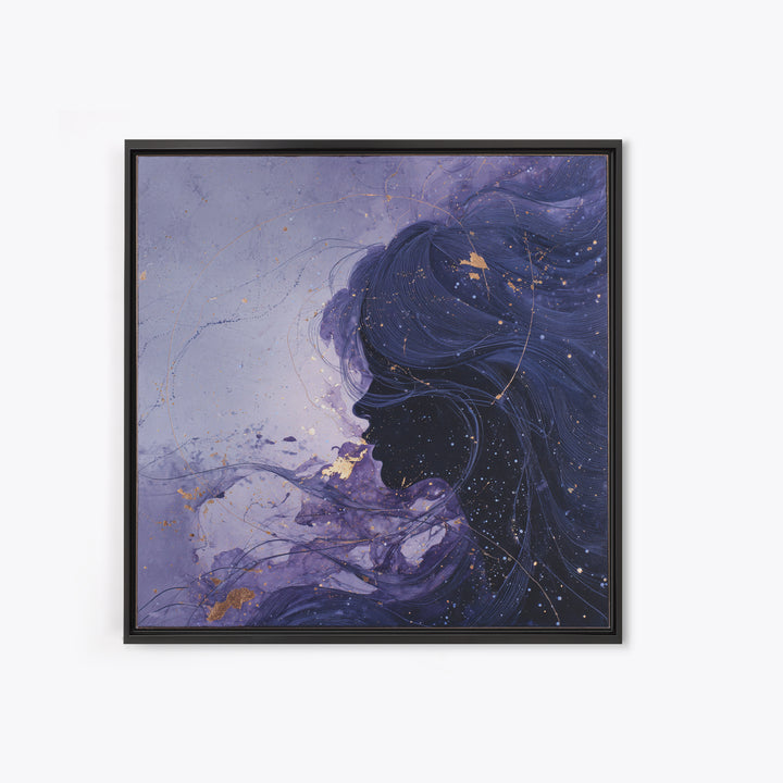 Celestial Goddess with Flowing Midnight Hair Framed Canvas Print, Celestial Art, Wall Decor, Living Room Decor, Celestial, CEL-1x1-79