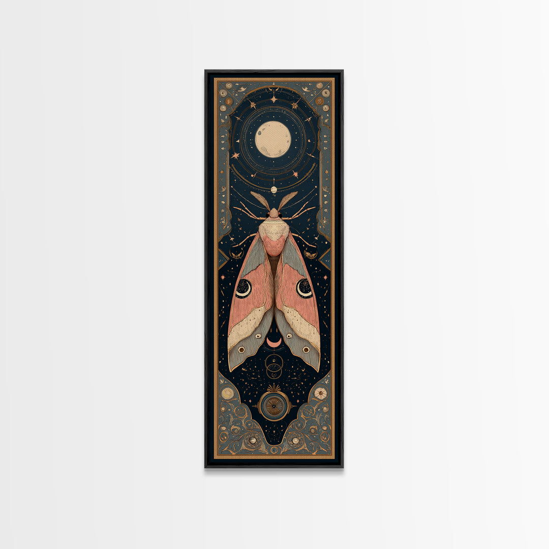 Celestial Moth with Moon Markings Framed Canvas Print, Celestial Art, Celestial Decor, Living Room Decor, Oil Painting, CEL-1x3-30