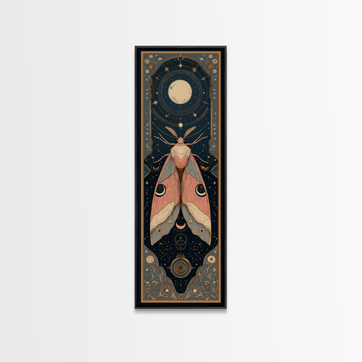 Celestial Moth with Moon Markings Framed Canvas Print, Celestial Art, Celestial Decor, Living Room Decor, Oil Painting, CEL-1x3-30