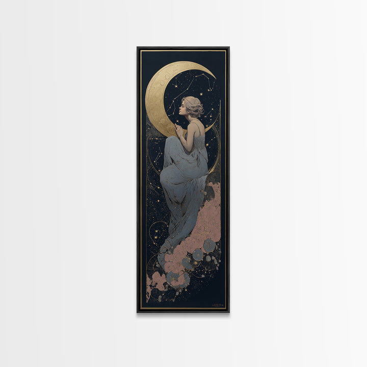 Crescent Moon Cradling a Cluster of Stars Canvas Print, Celestial Art, Minimalist Art, Living Room Decor, Fine Art, Celestial, CEL-1x3-37