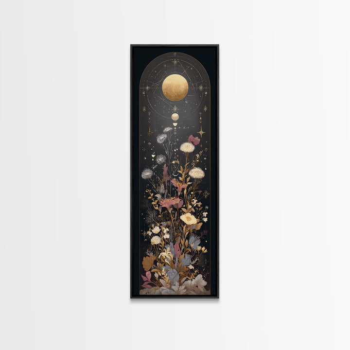 Lunar Phase Arc Above Delicate Botanicals Canvas Print, Celestial Art, Room Decor, Living Room Decor, Oil Painting, Celestial, CEL-1x3-40